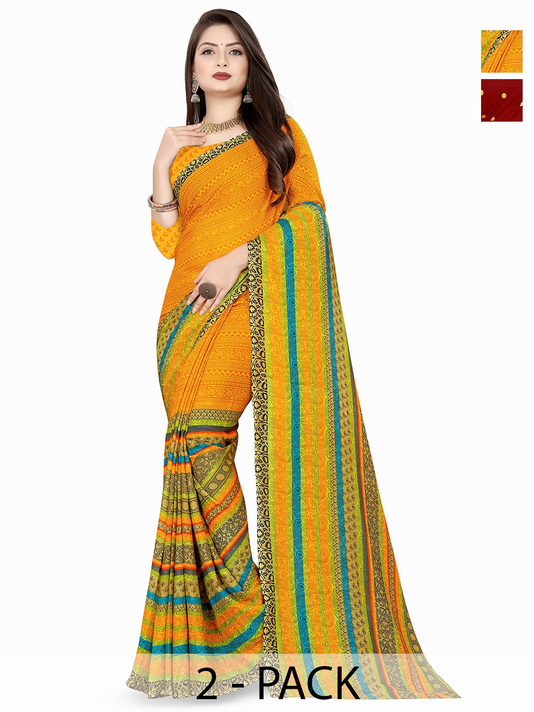 

ANAND SAREES Pack Of 2 Floral Printed Sarees, Yellow