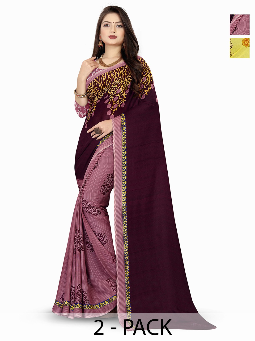 

ANAND SAREES Selection Of 2 Floral Printed Saree, Pink