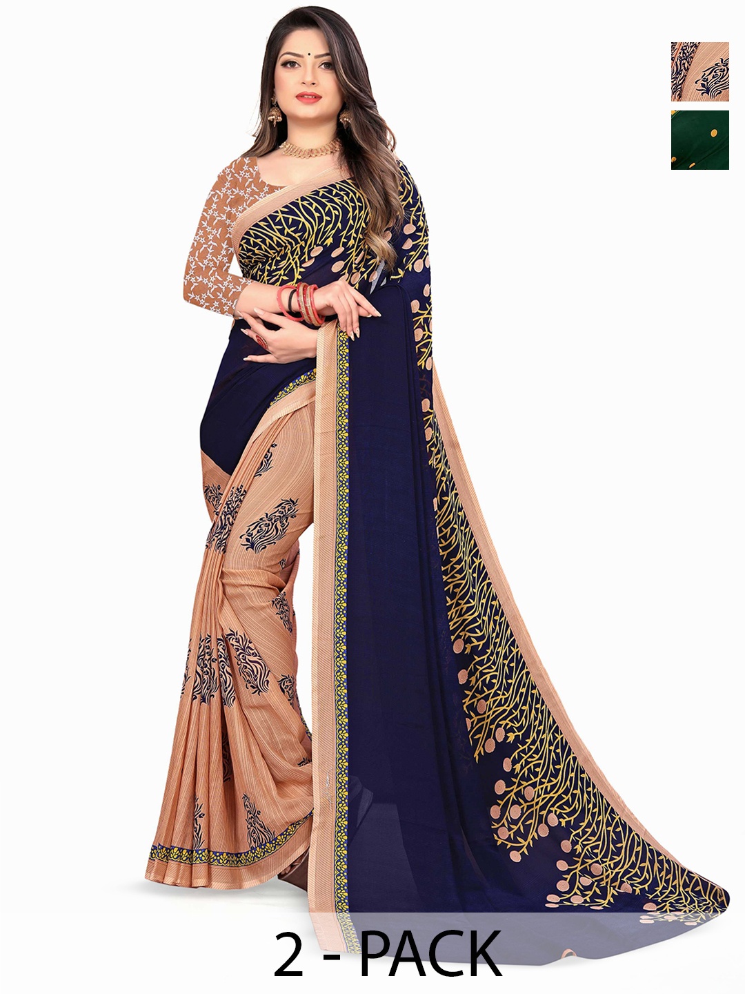 

ANAND SAREES Polka Dot Poly Georgette Saree 2-pcs, Navy blue