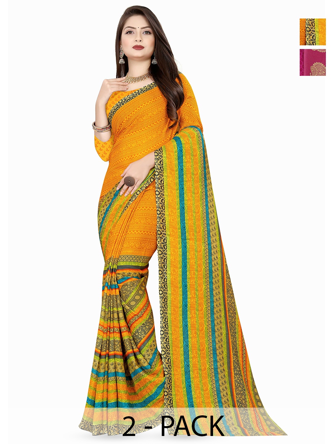 

ANAND SAREES Pack Of 2 Floral Printed Sarees, Yellow