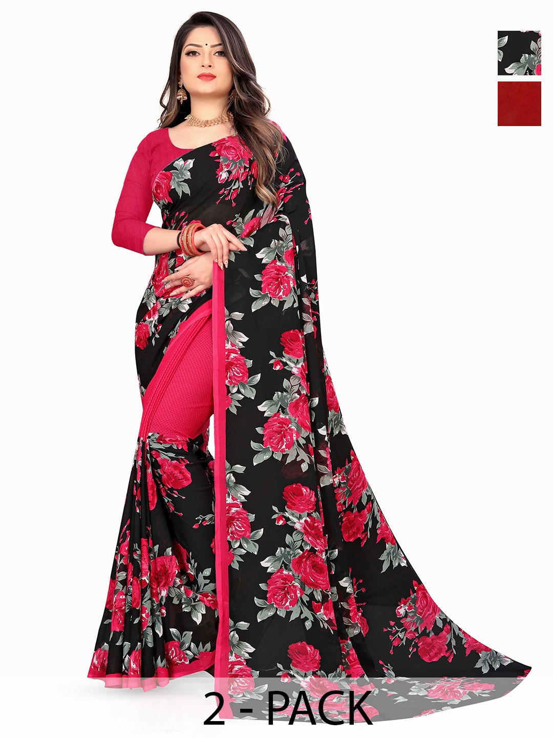 

ANAND SAREES Pack of 2 Floral Georgette Saree, Black