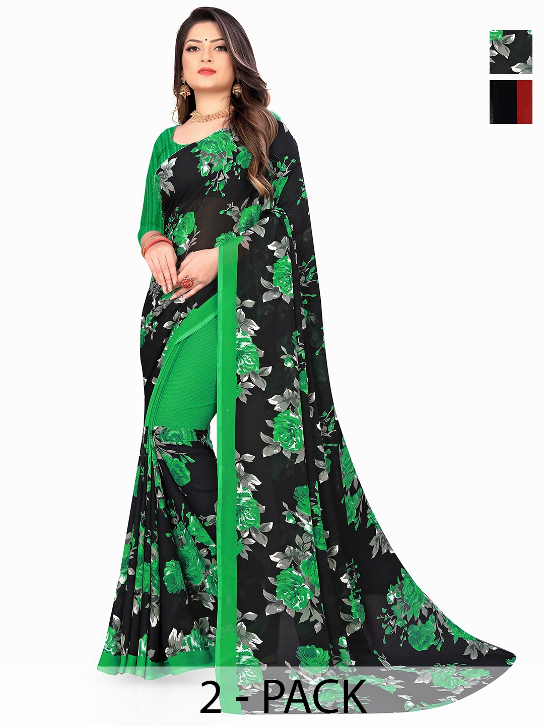 

ANAND SAREES Selection Of 2 Floral Printed Sarees, Black