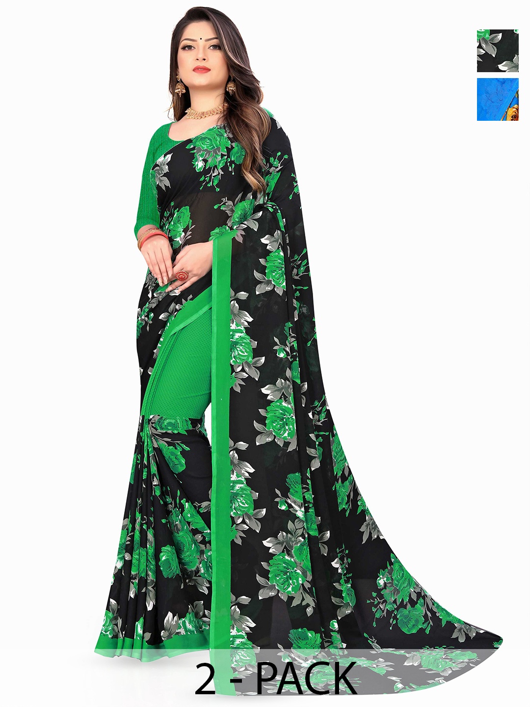 

ANAND SAREES Selection Of 2 Floral Printed Saree, Blue