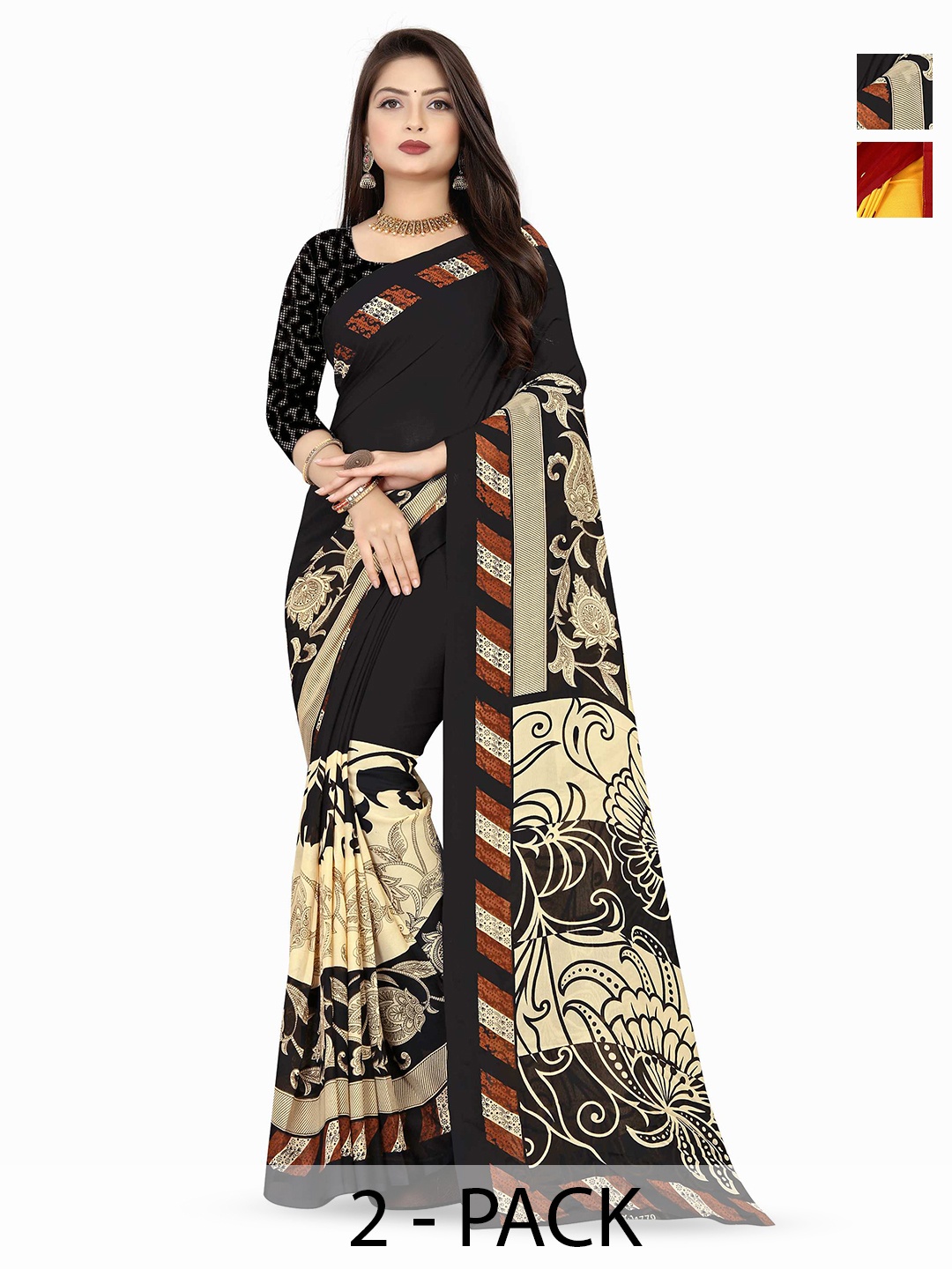 

ANAND SAREES Selection Of 2 Floral Printed Saree, Black