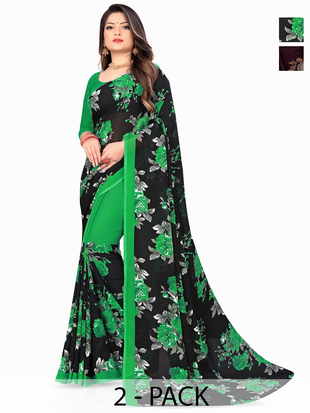 

ANAND SAREES Selection Of 2 Floral Printed Saree, Green