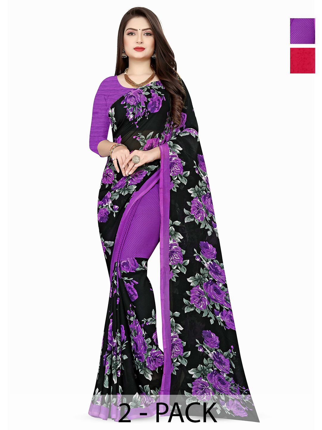 

ANAND SAREES Selection of 2 Polka Dot Printed Sarees, Black