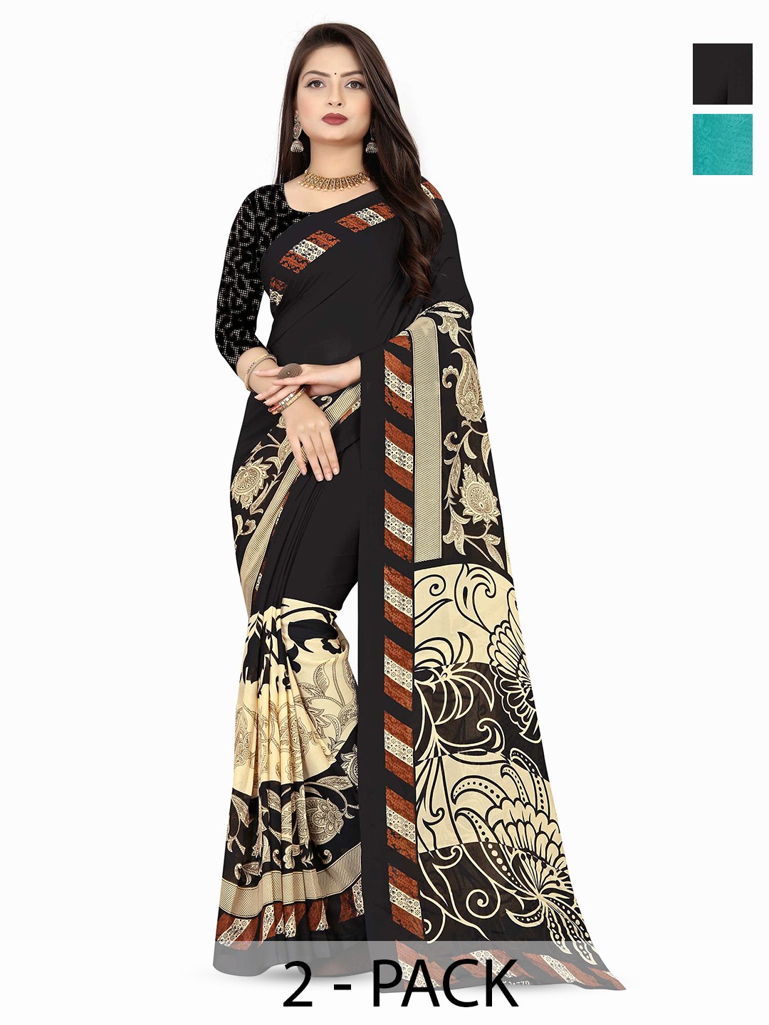 

ANAND SAREES Pack of 2 Ethnic Motifs Printed Sarees, Cream