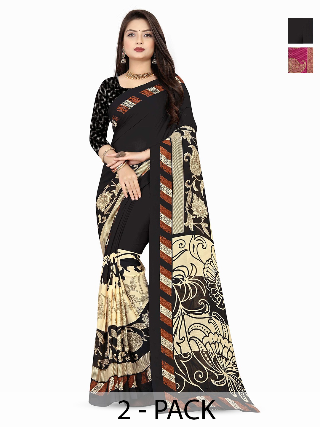 

ANAND SAREES Selection Of 2 Ethnic Motifs Printed Saree, Black