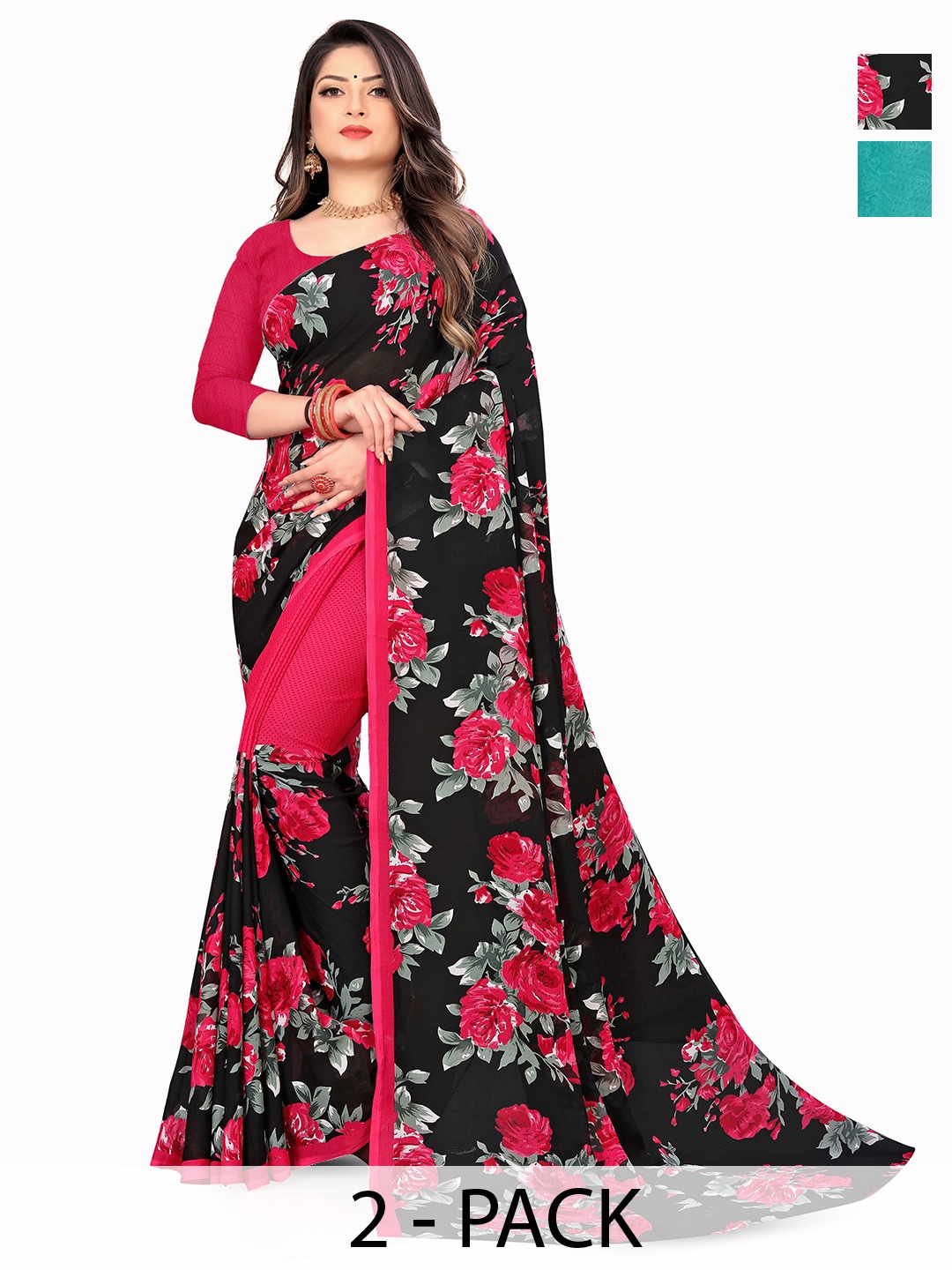 

ANAND SAREES Floral Poly Georgette Saree 2-pcs, Pink