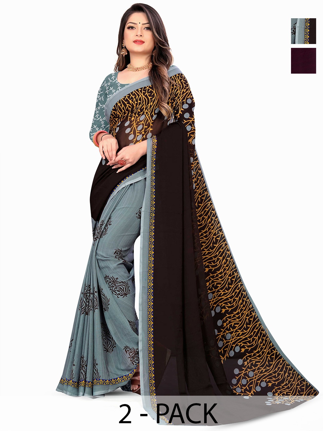 

ANAND SAREES Combo Pack of 2 Floral Poly Georgette Saree, Maroon