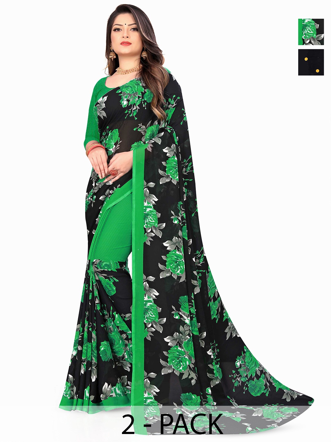 

ANAND SAREES Floral Poly Georgette Saree 2-pcs, Green