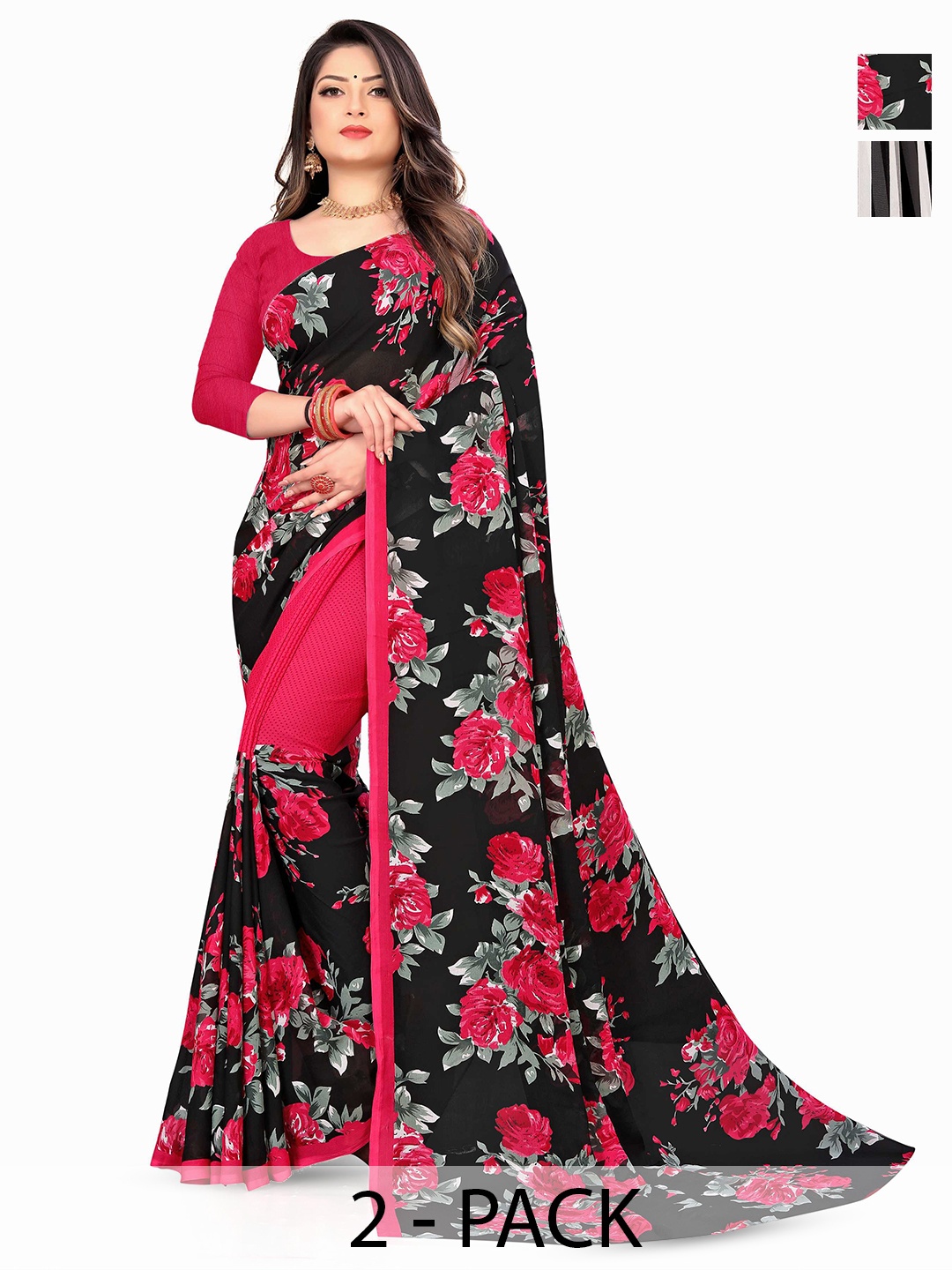 

ANAND SAREES Selection Of 2 Floral Printed Sarees, Pink