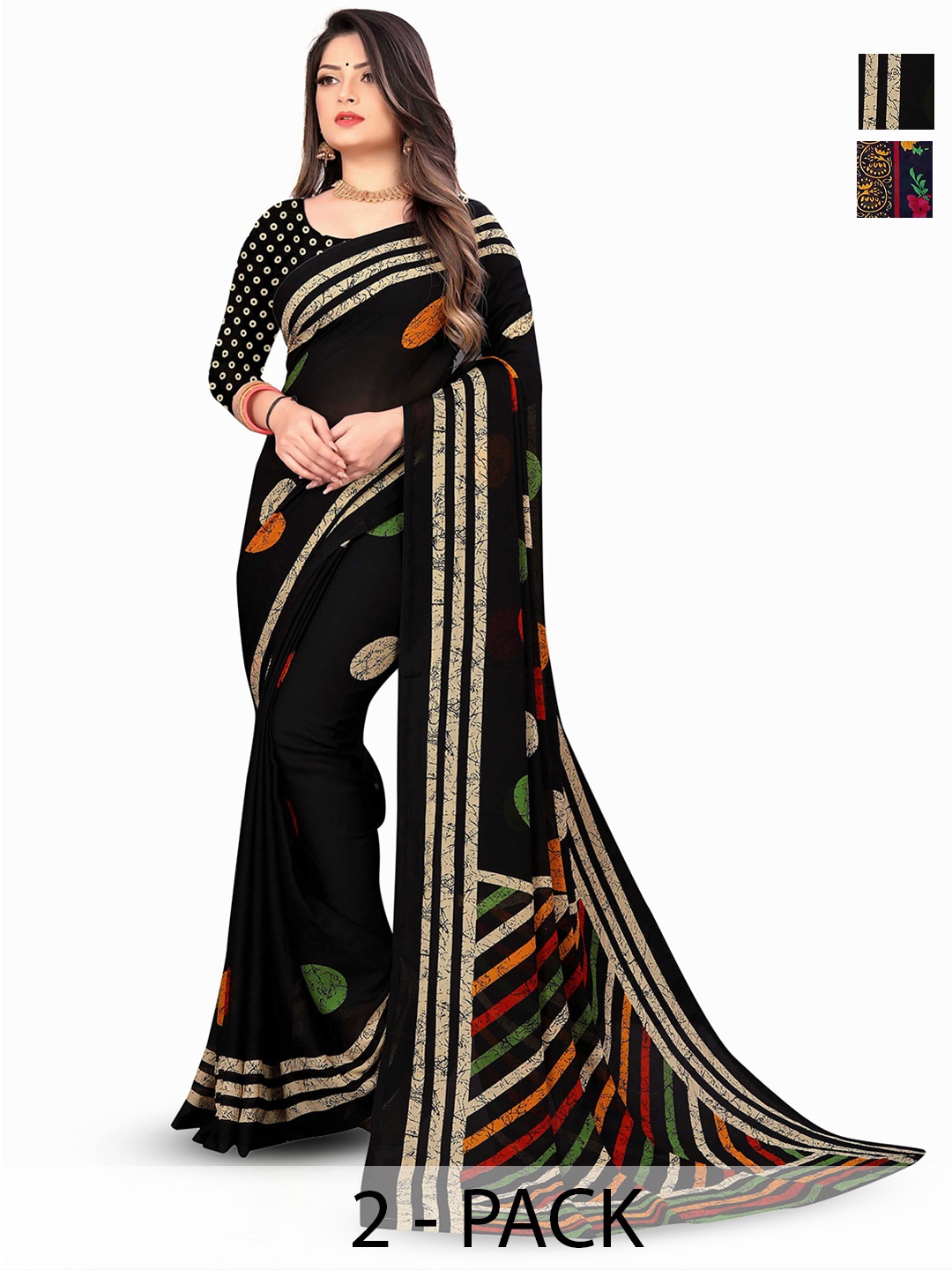 

ANAND SAREES Selection of 2 Floral Printed Saree, Navy blue