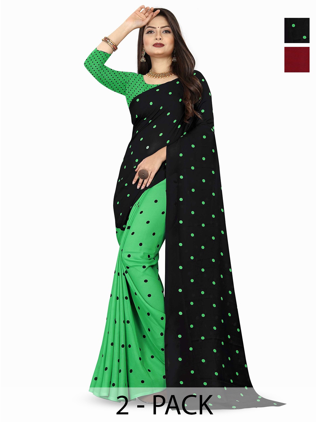 

ANAND SAREES Selection Of 2 Polka Dot Printed Saree, Green