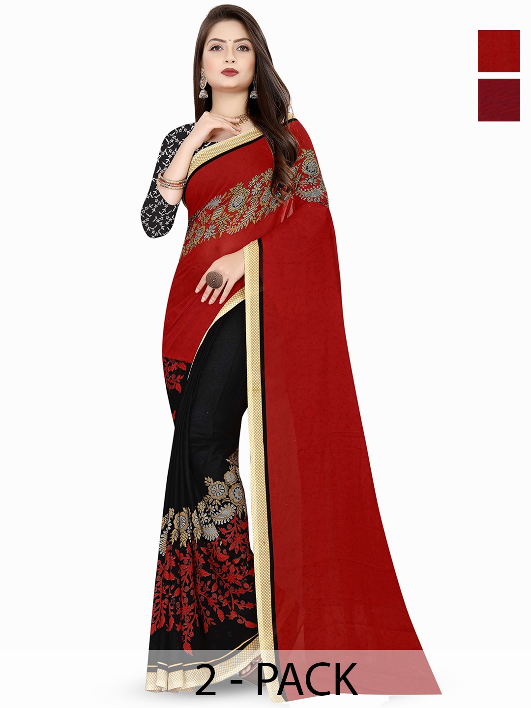 

ANAND SAREES Ethnic Motifs Saree Pack of 2, Red