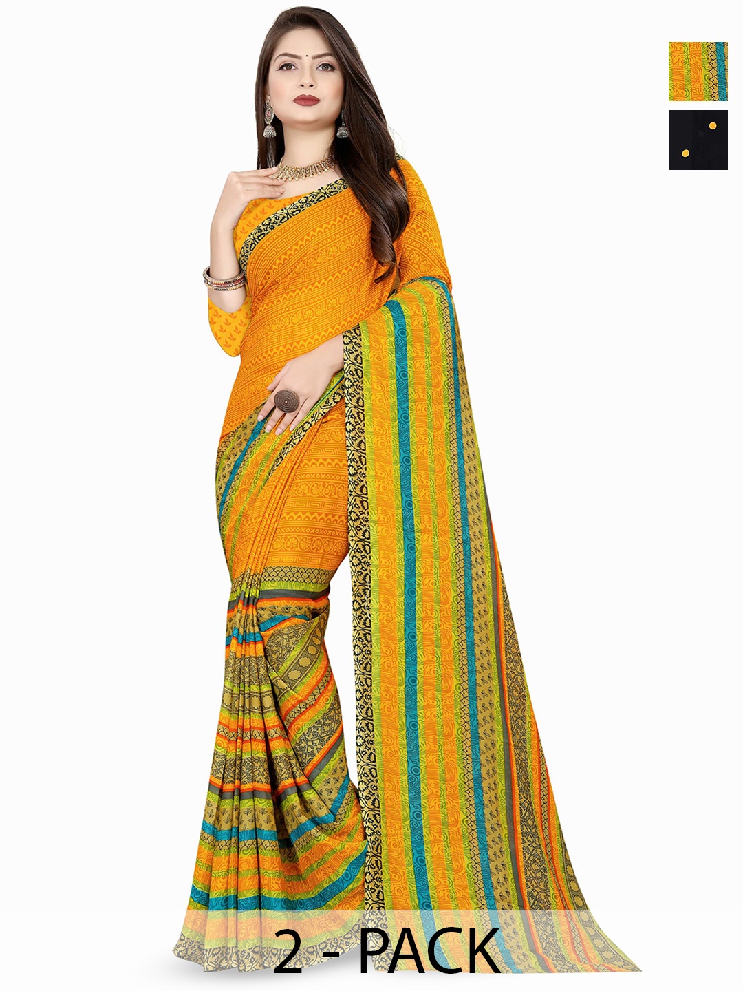 

ANAND SAREES Selection Of 2 Printed Saree, Black