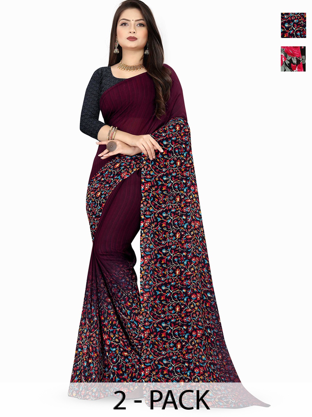 

ANAND SAREES Floral Saree Pack of 2, Black