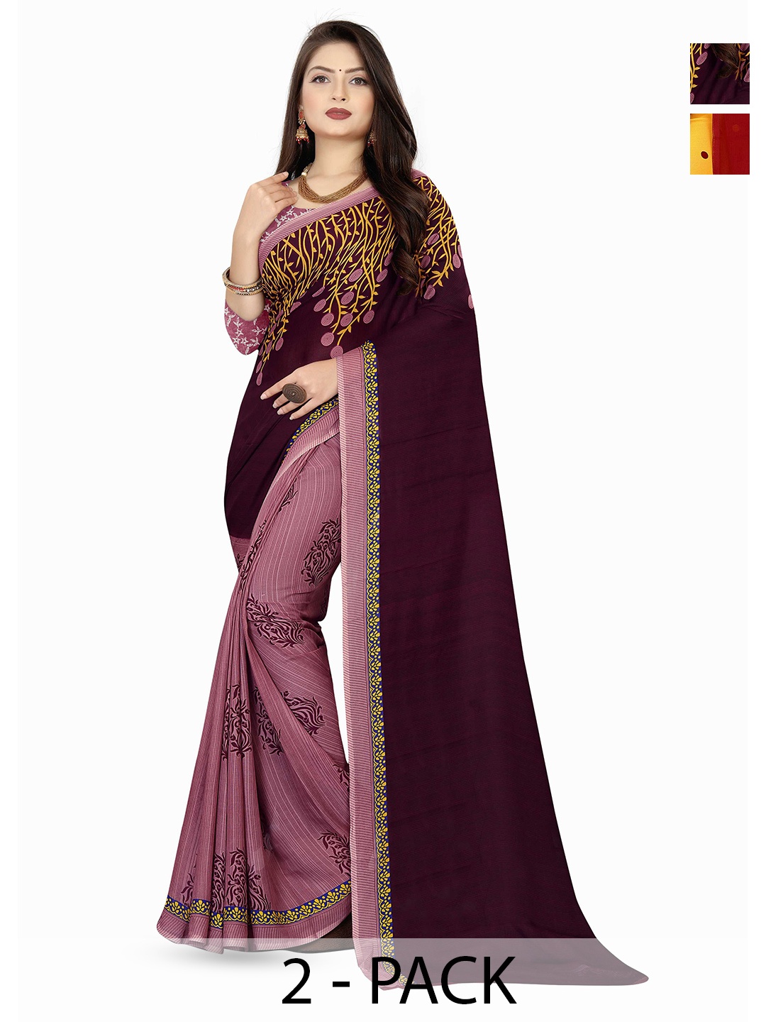 

ANAND SAREES Combo Pack of 2 Polka Dot Poly Georgette Saree, Yellow