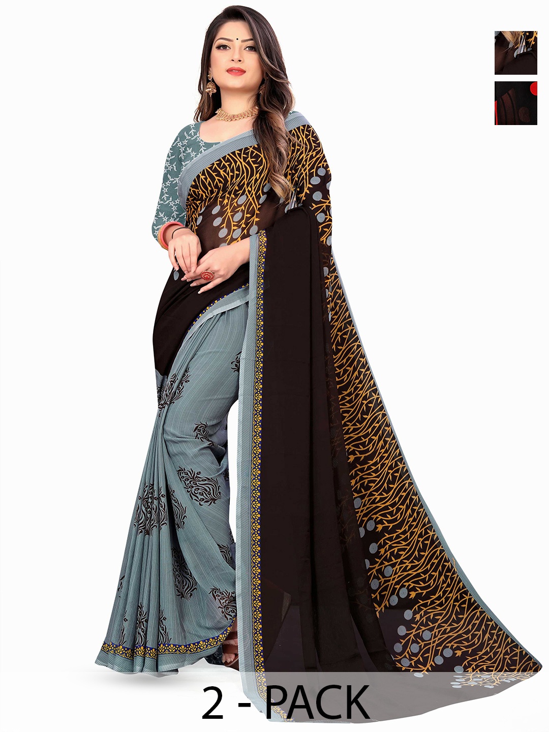 

ANAND SAREES Pack of 2 Floral Printed Half and Half Sarees, Navy blue