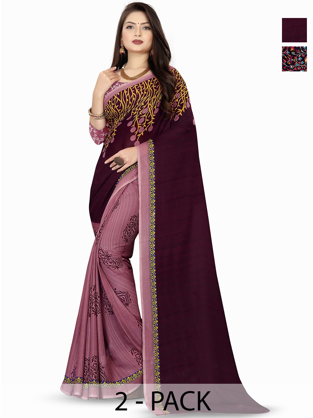 

ANAND SAREES Selection of 2 Printed Sarees, Purple