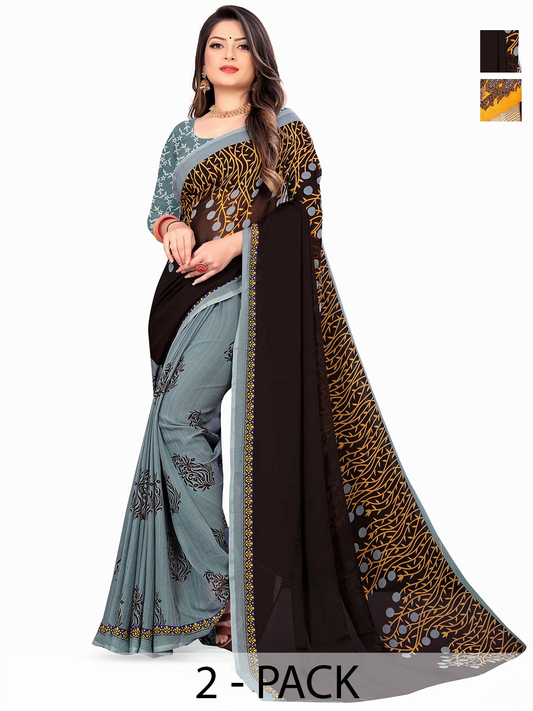 

ANAND SAREES Selection Of 2 Floral Printed Saree, Grey