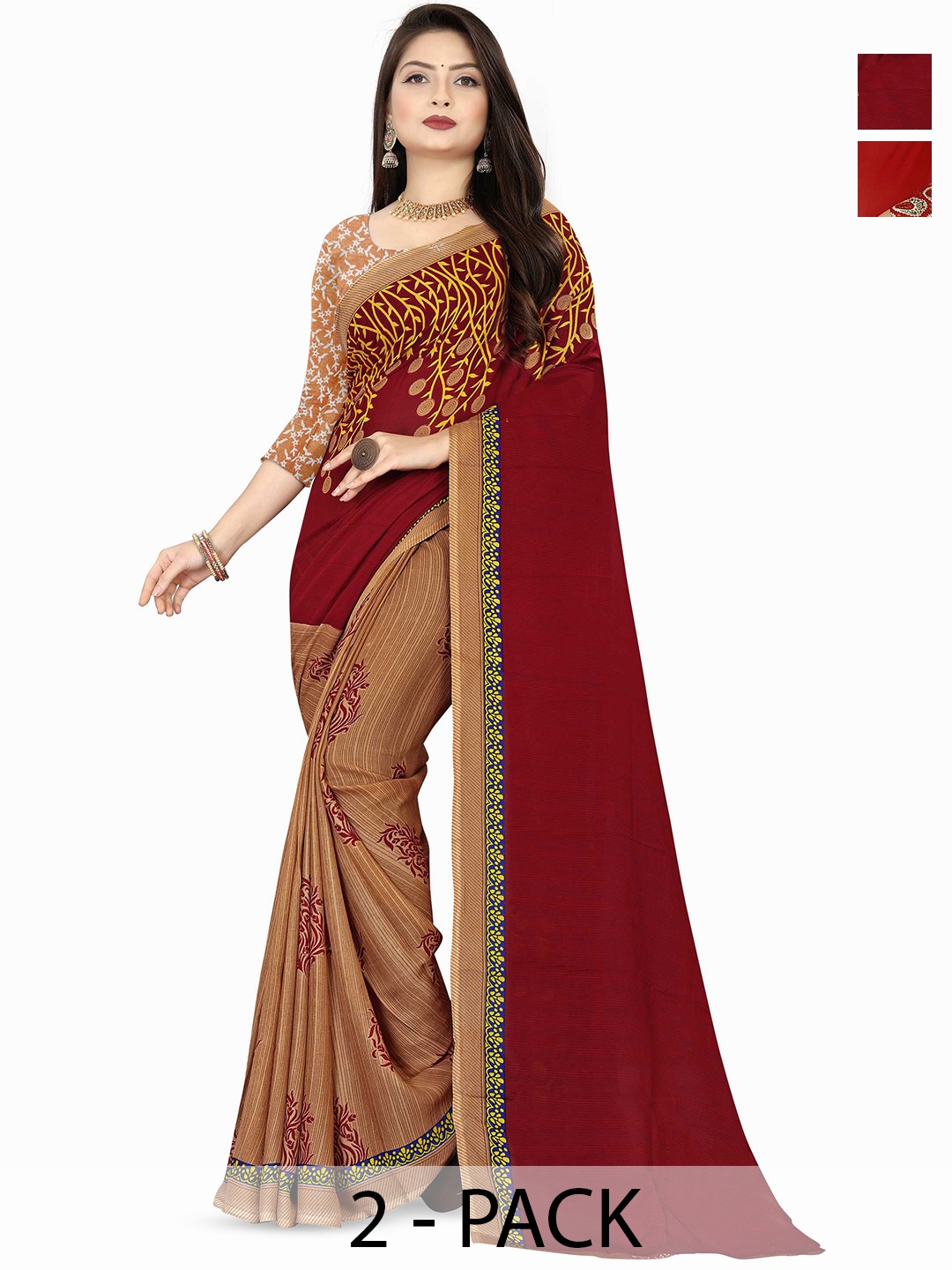 

ANAND SAREES Selection Of 2 Geometric Printed Saree, Red