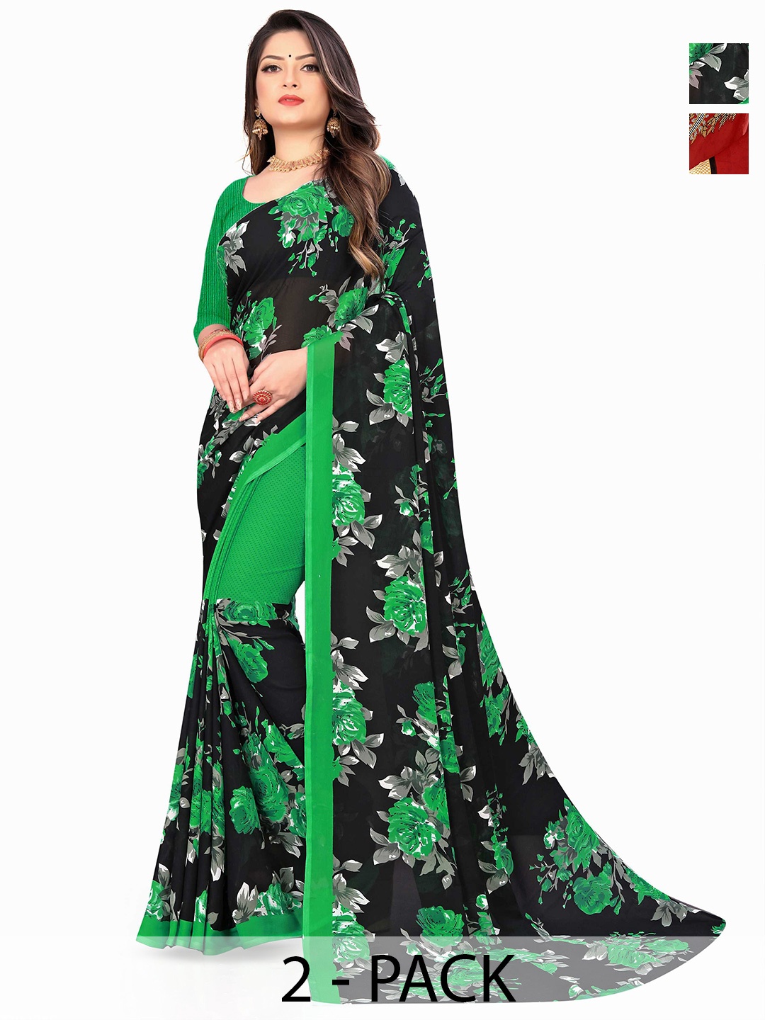 

ANAND SAREES Selection Of 2 Printed Saree, Black