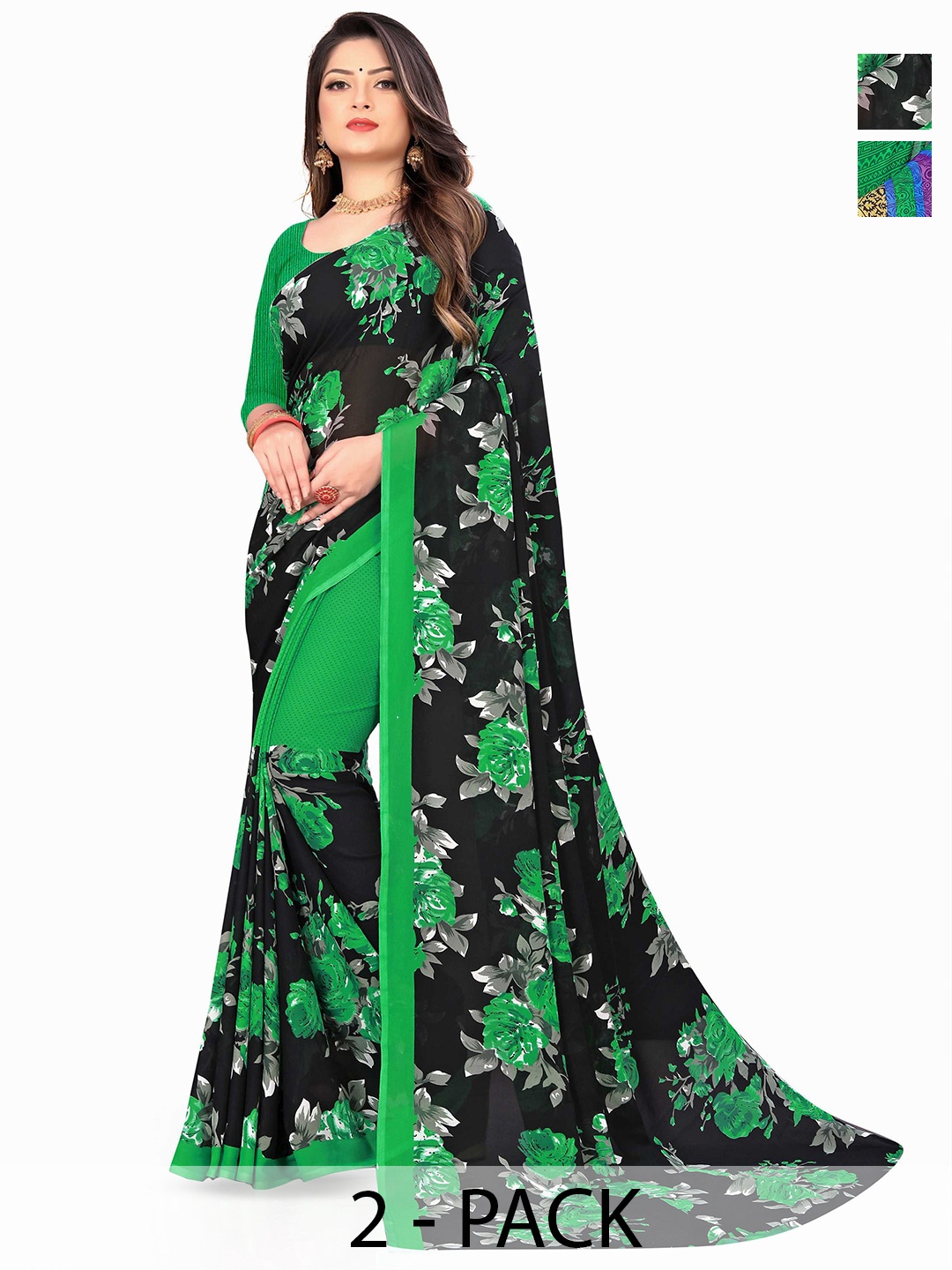 

ANAND SAREES Pack of 2 Floral Printed Sarees, Green