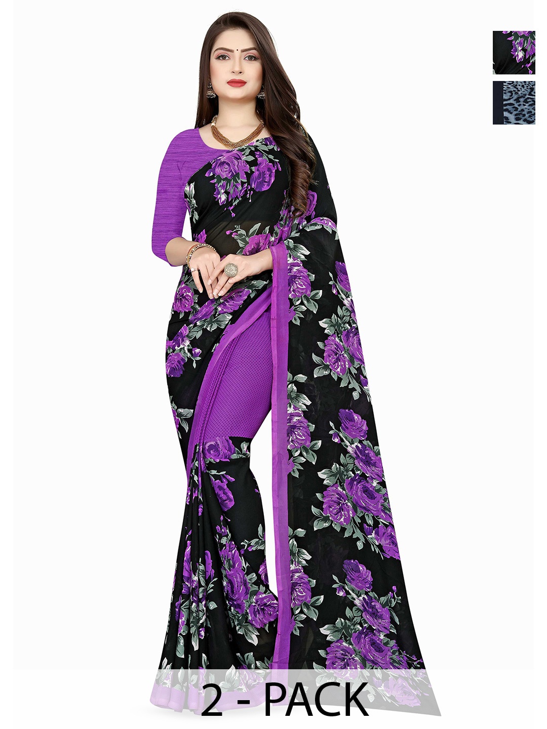 

ANAND SAREES Selection of 2 Floral Printed Sarees, Grey