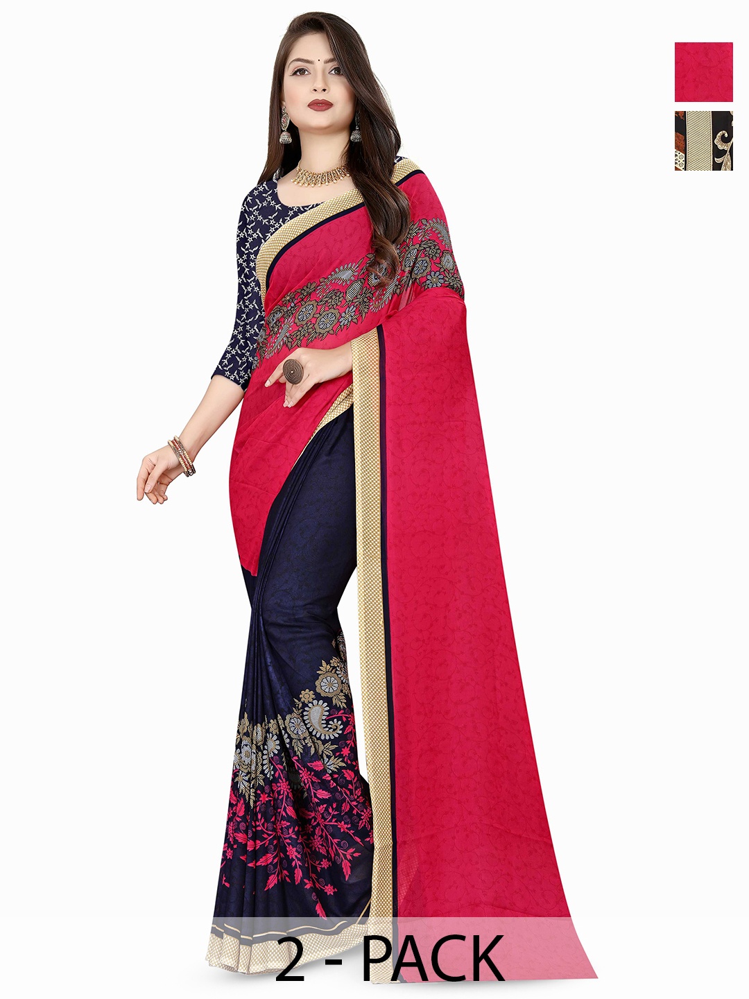 

ANAND SAREES Selection Of 2 Floral Printed Sarees, Pink