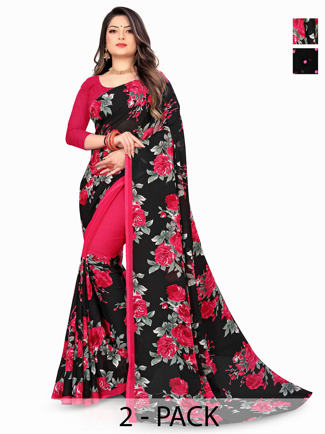

ANAND SAREES Selection of 2 Floral Printed Saree, Pink