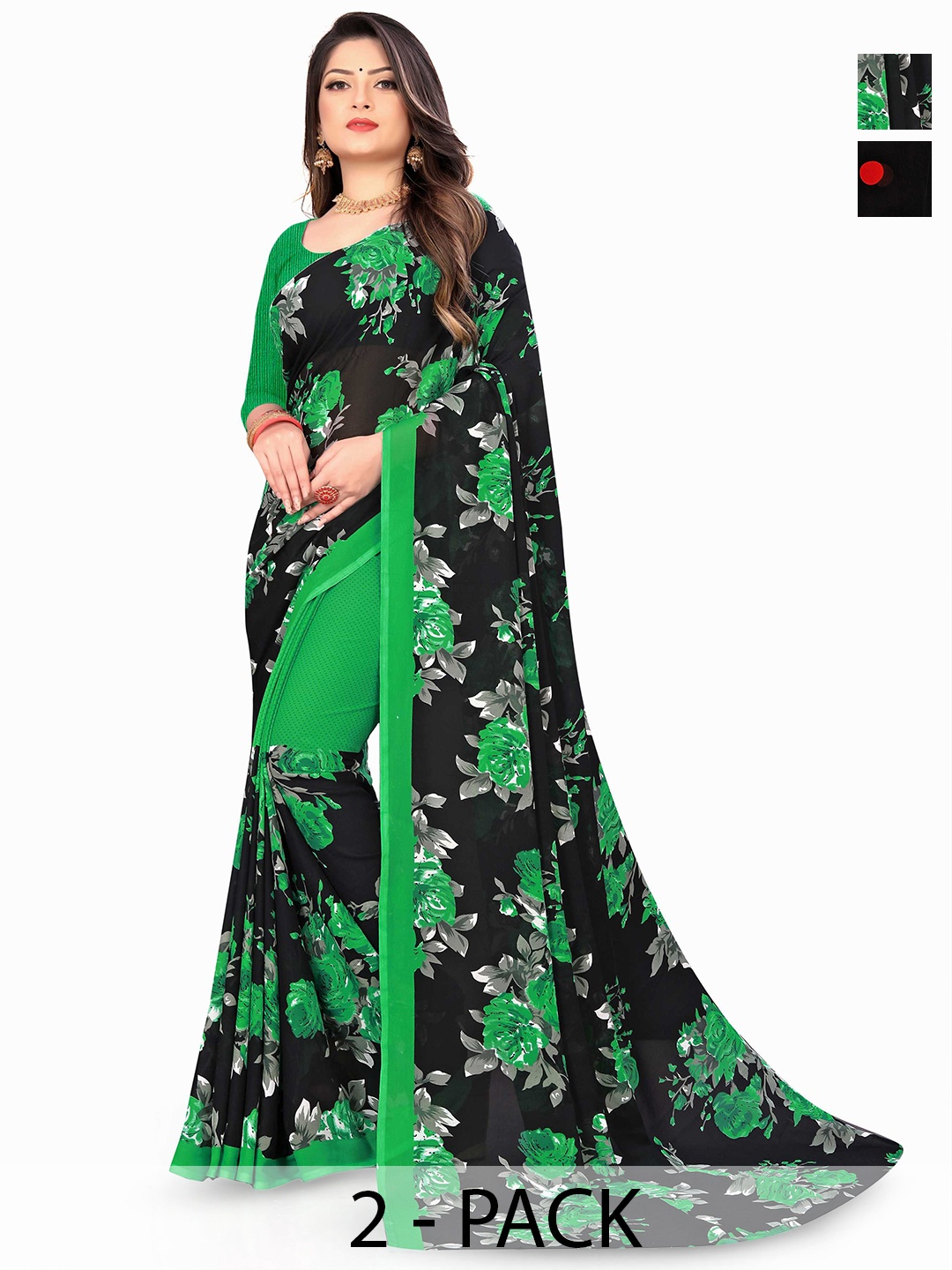 

ANAND SAREES Selection Of 2 Polka Dots Printed Saree, Black