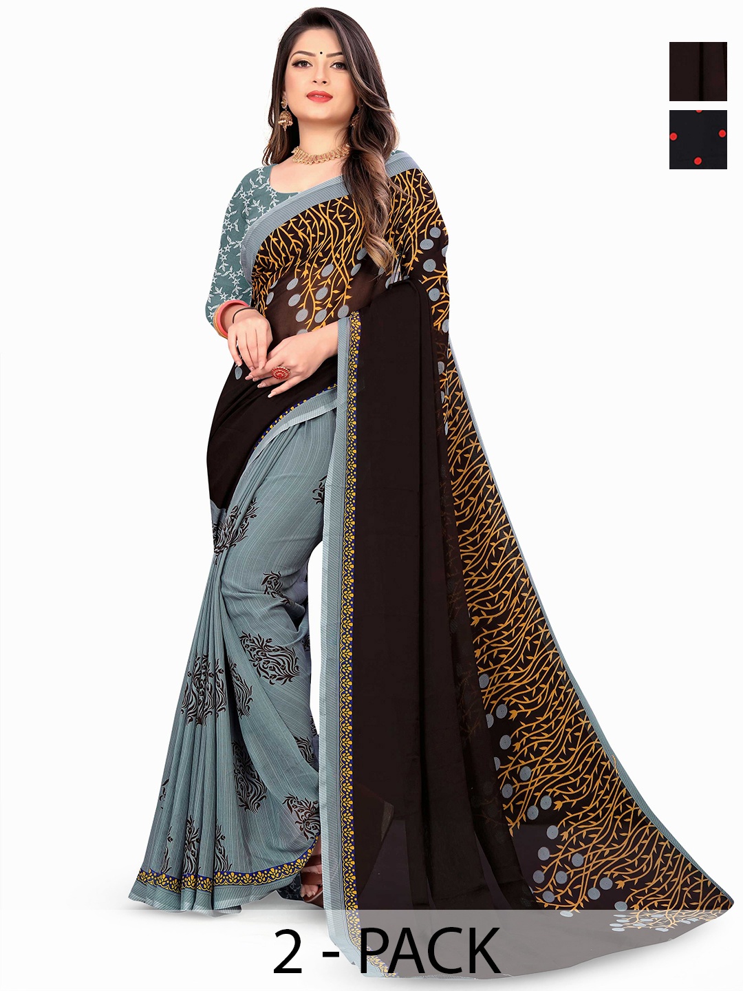 

ANAND SAREES Selection Of 2 Printed Saree, Grey