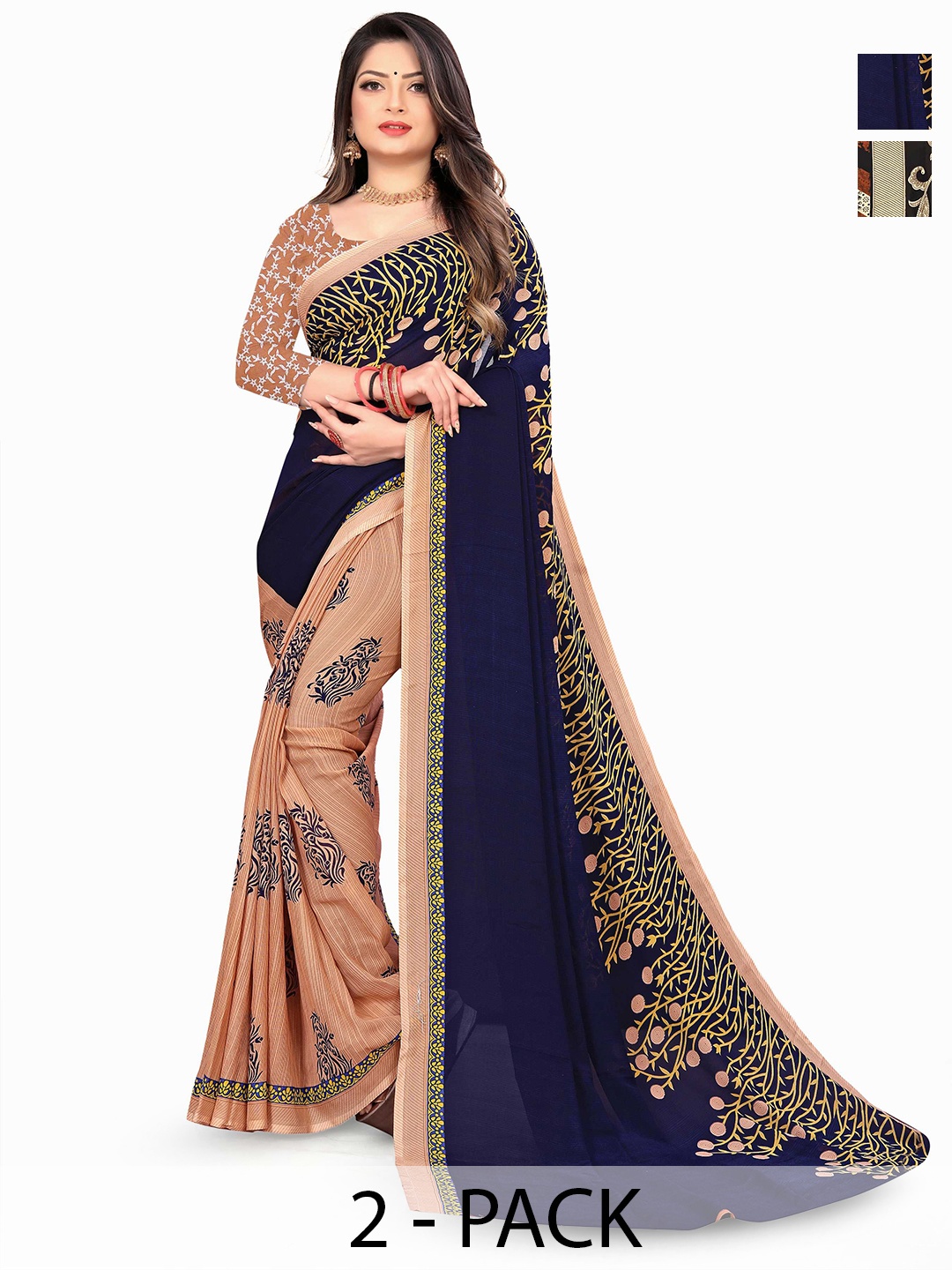 

ANAND SAREES Selection Of 2 Floral Printed Sarees, Black