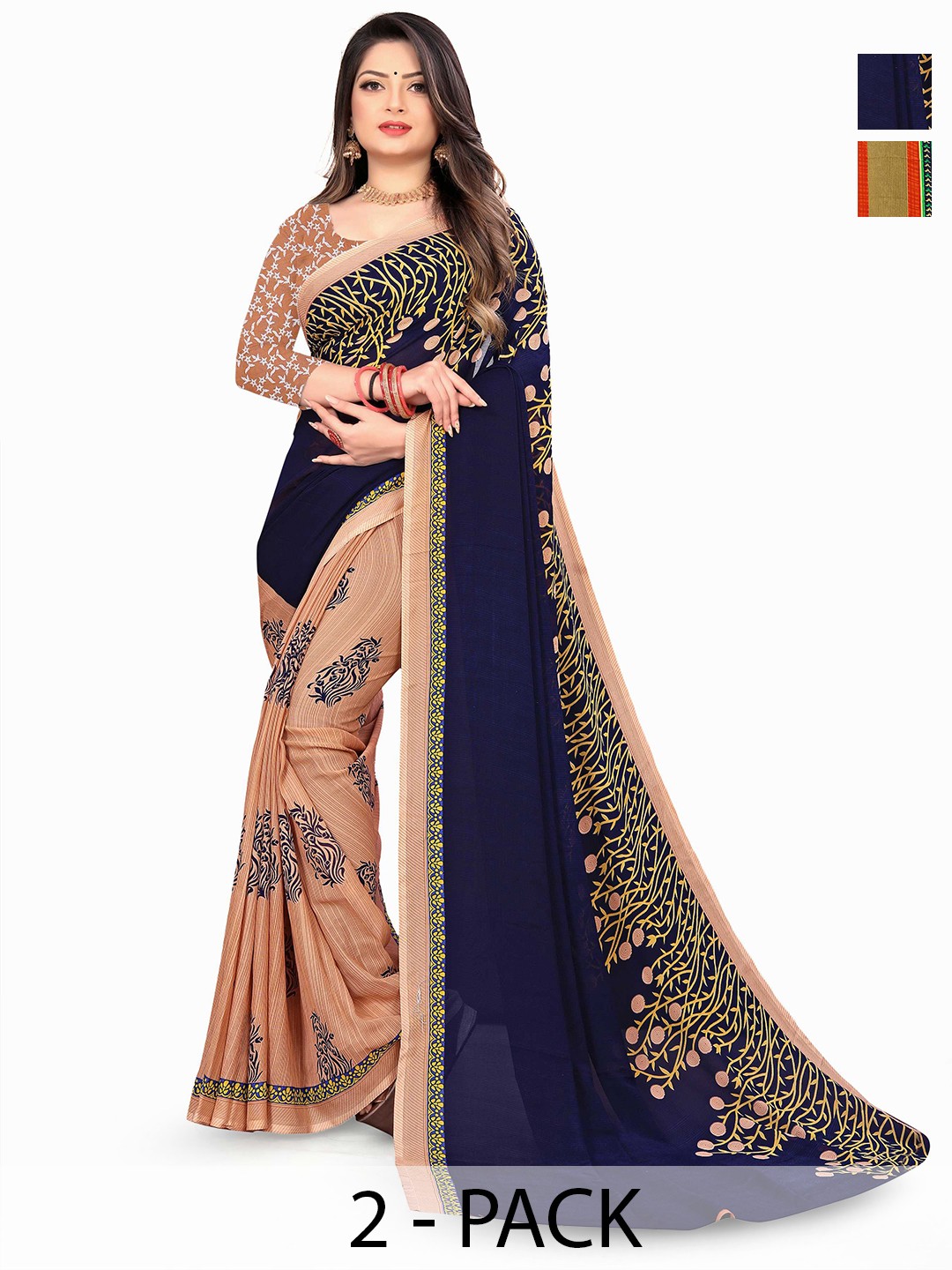 

ANAND SAREES Selection of 2 Printed Sarees, Navy blue