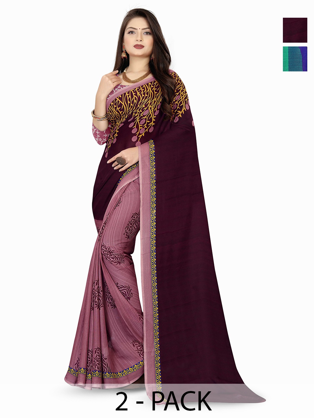 

ANAND SAREES Selection of 2 Floral Printed Saree, Brown