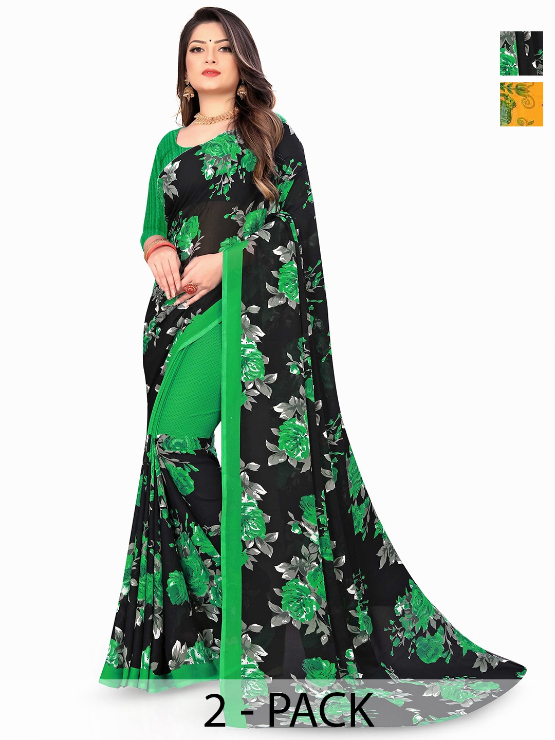 

ANAND SAREES Selection Of 2 Printed Saree, Green