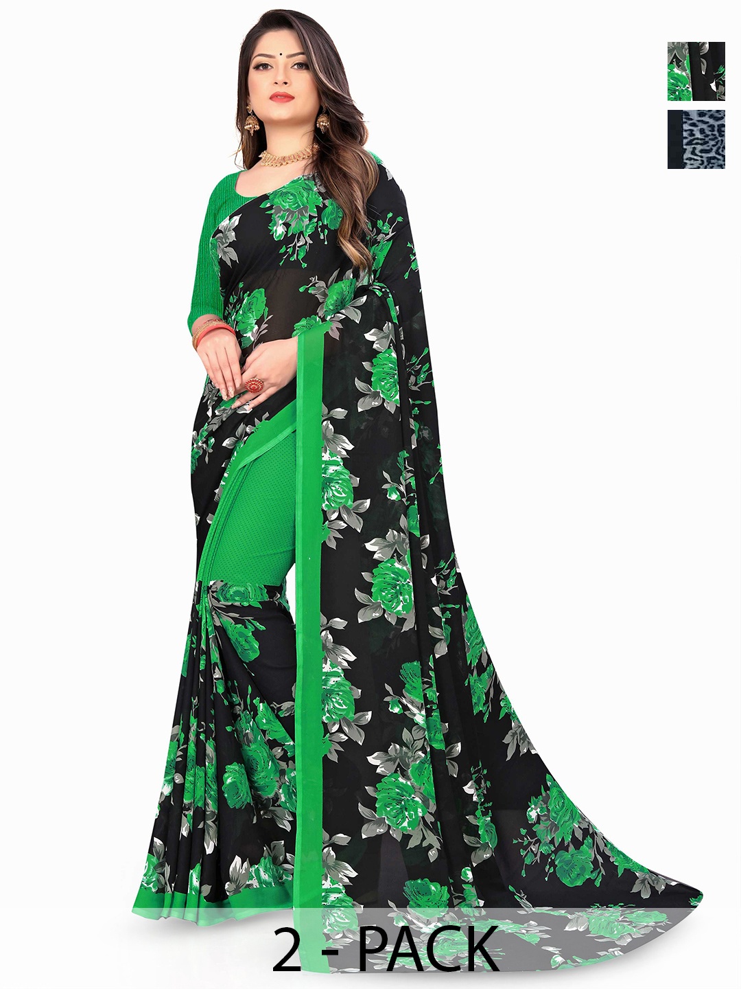 

ANAND SAREES Selection of 2 Floral Printed Saree, Black