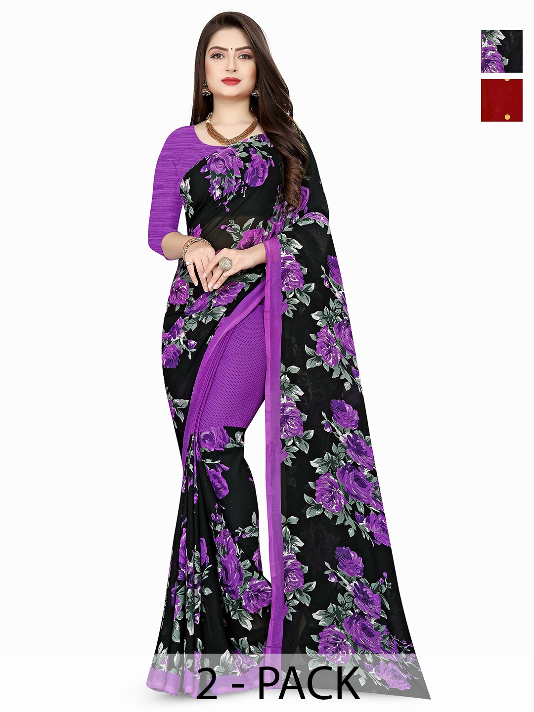 

ANAND SAREES Selection of 2 Floral Printed Saree, Purple