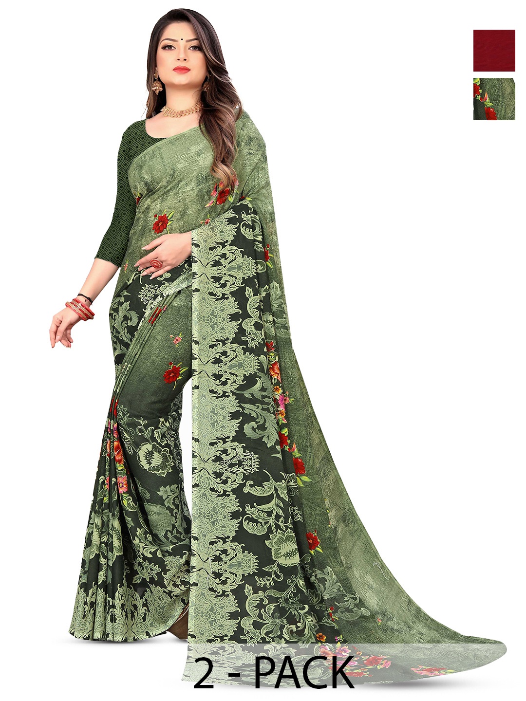 

ANAND SAREES Selection Of 2 Ethnic Motifs Printed Saree, Green