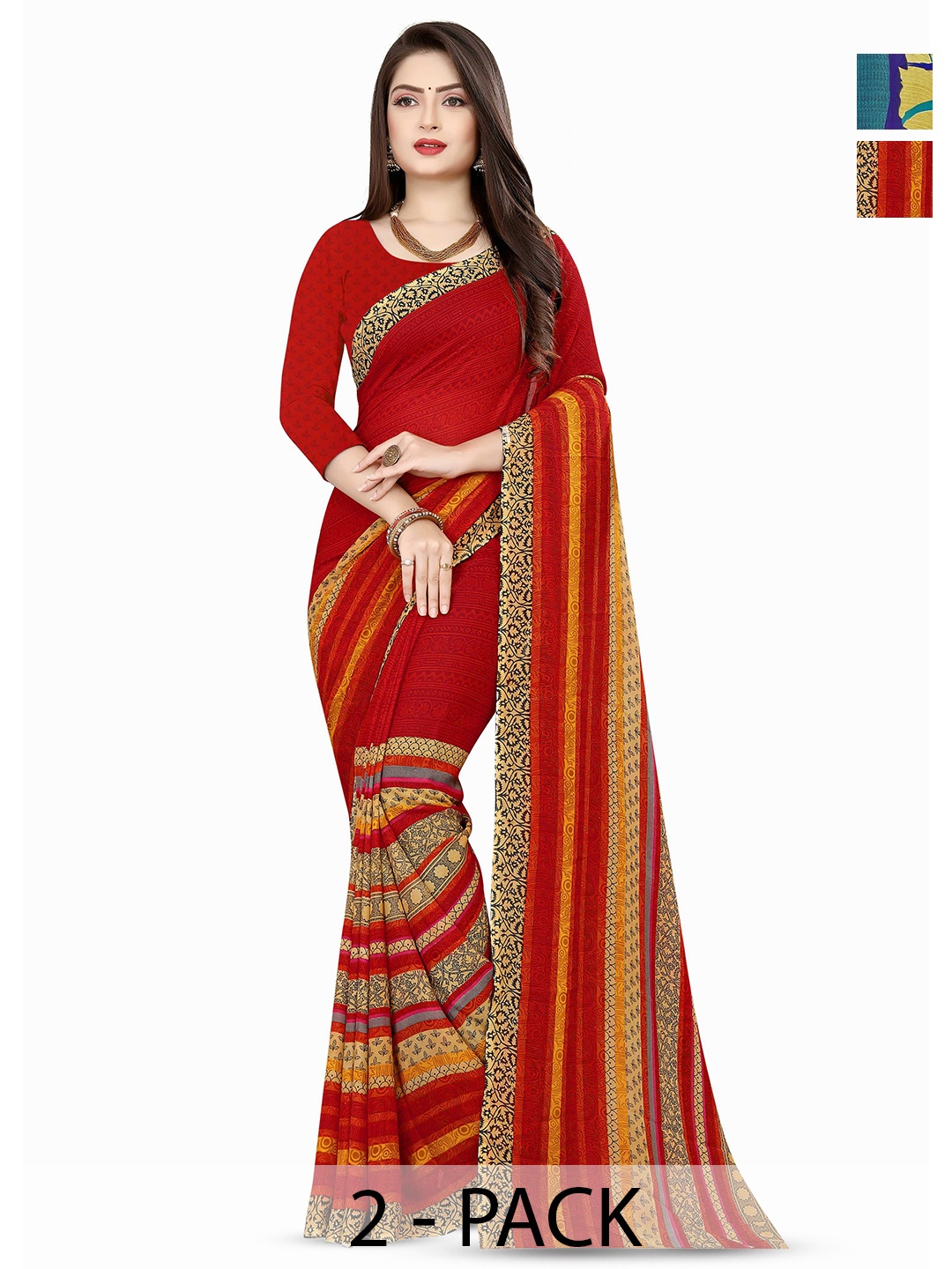 

ANAND SAREES Pack of 2 Ethnic Motifs Printed Sarees, Red