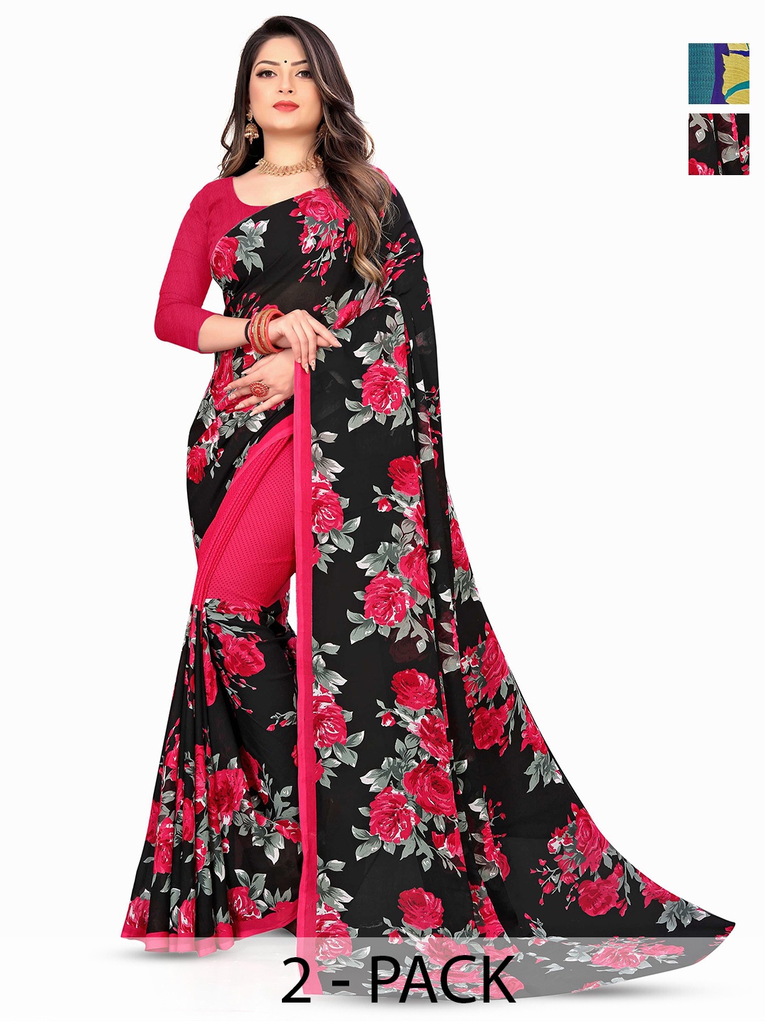 

ANAND SAREES Selection Of 2 Floral Printed Saree With Blouse Piece, Pink