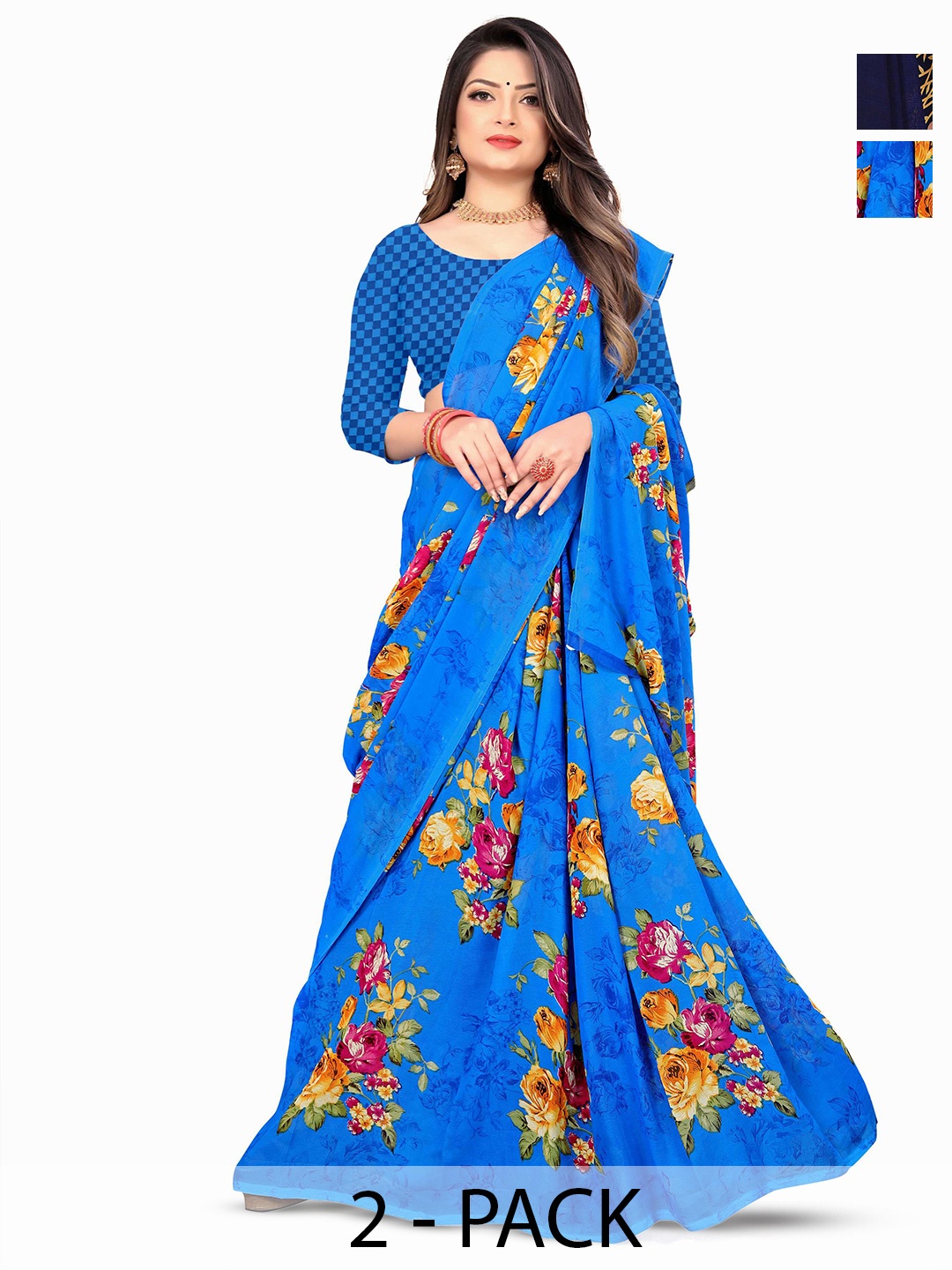 

ANAND SAREES Ethnic Motifs Saree Pack of 2, Blue