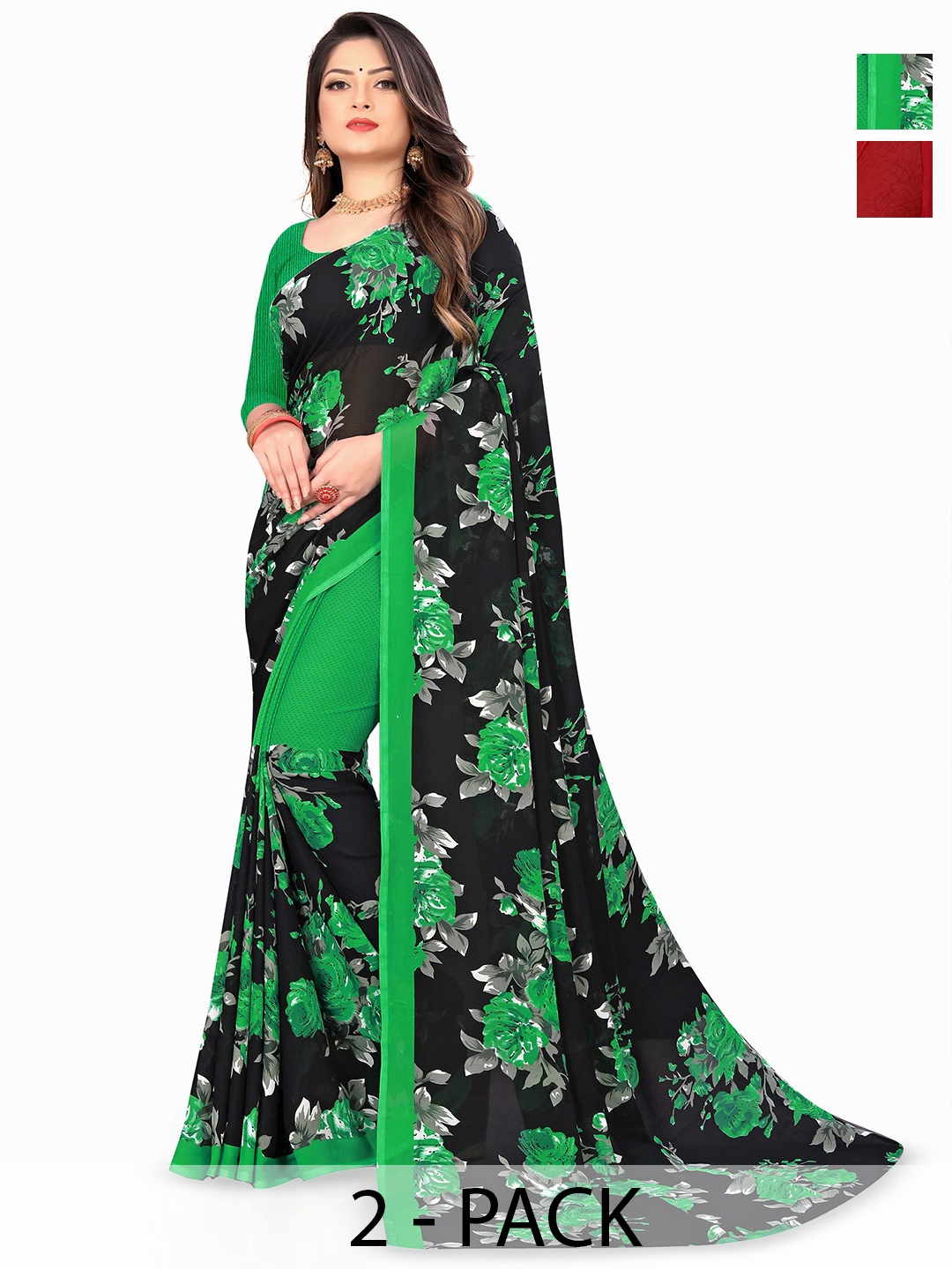 

ANAND SAREES Selection Of 2 Floral Printed Saree, Green