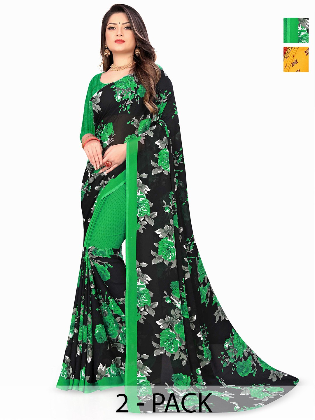 

ANAND SAREES Selection Of 2 Floral Printed Saree, Green