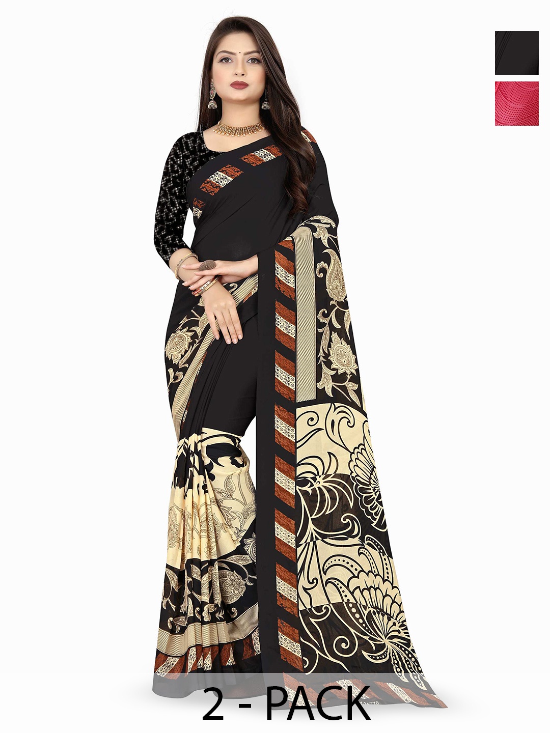 

ANAND SAREES Selection of 2 Floral Printed Saree, Black