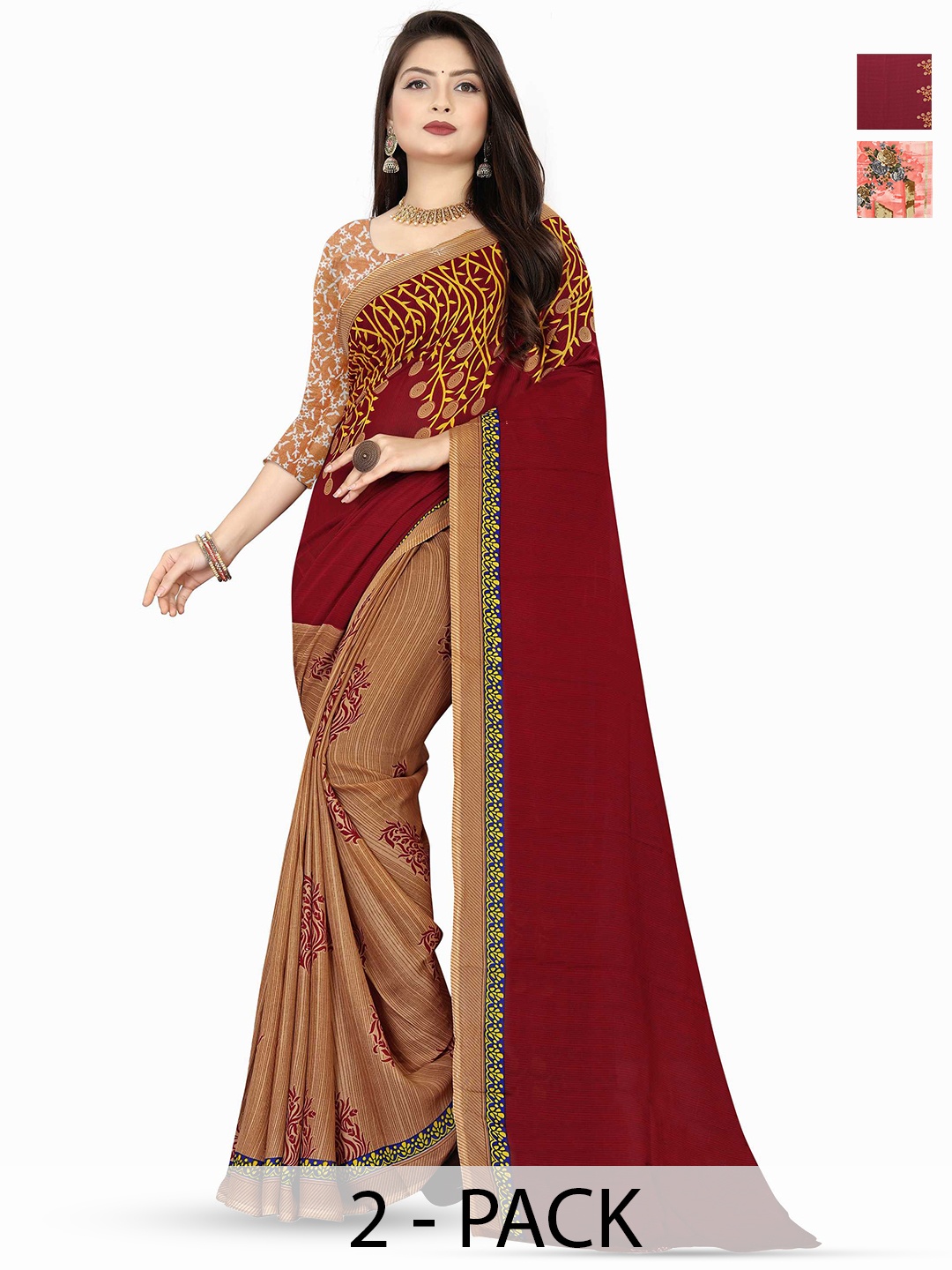 

ANAND SAREES Pack of 2 Floral Printed Half and Half Sarees, Pink