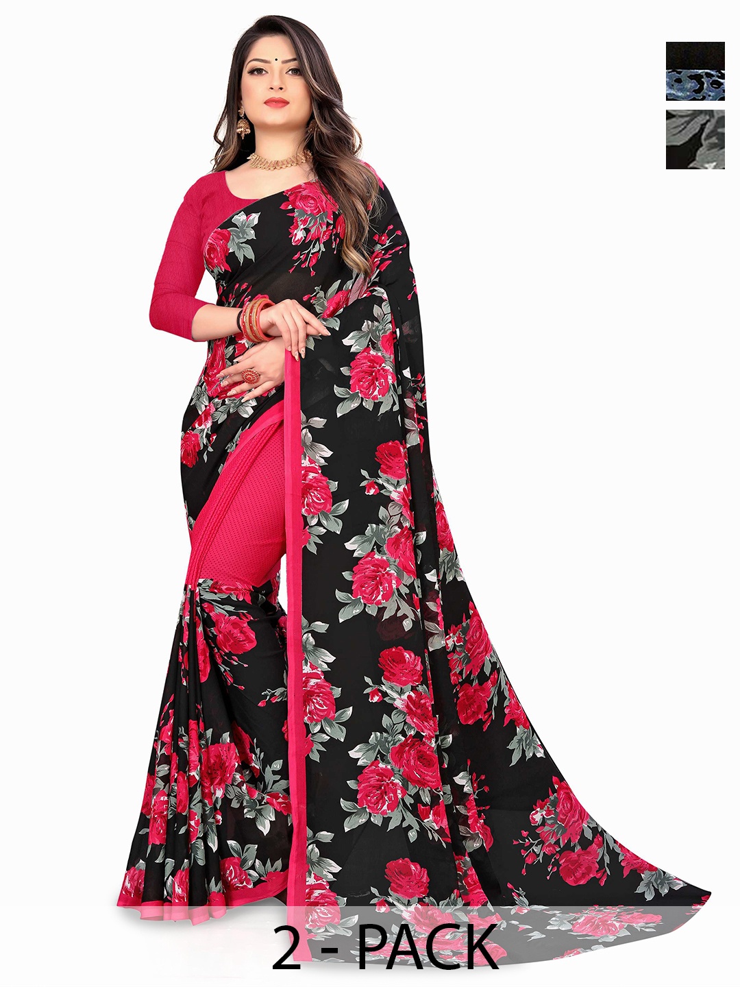 

ANAND SAREES Women Daily Floral PrintedPoly Georgette Combo Pack of 2 Saree, Black