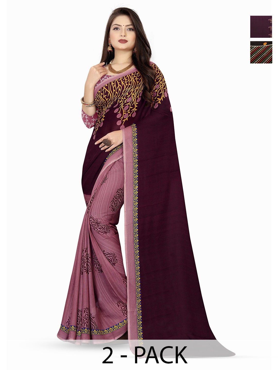 

ANAND SAREES Pack of 2 Ethnic Motifs Printed Saree, Black