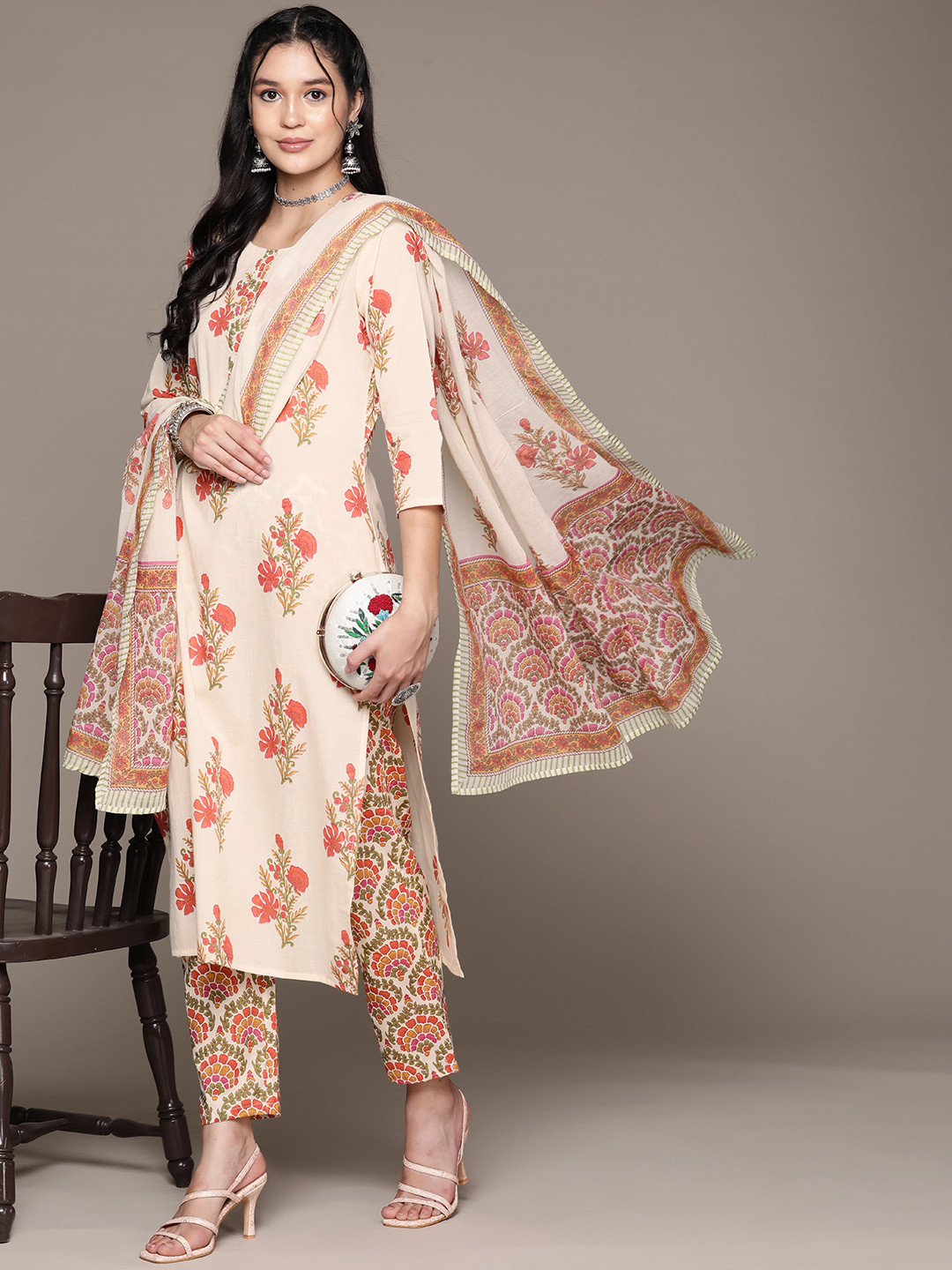 

Readiprint Floral Printed Pure Cotton Kurta with Trousers & Dupatta, Multi